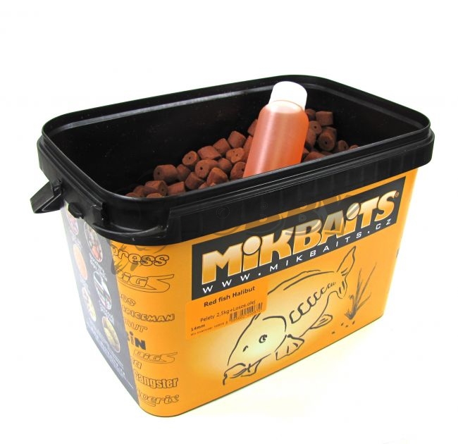 MIKBAITS Pelety Red Fish Halibut 2,5kg 21mm + 100ml lososového oleje