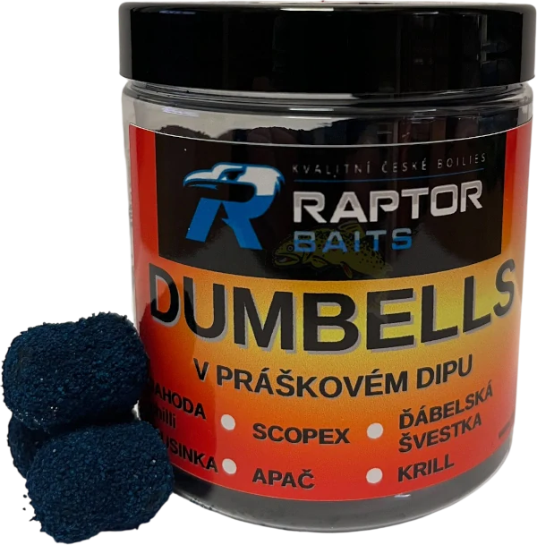 RAPTOR BAITS Dumbells v praškové dipu Ďábelská švestka 250ml