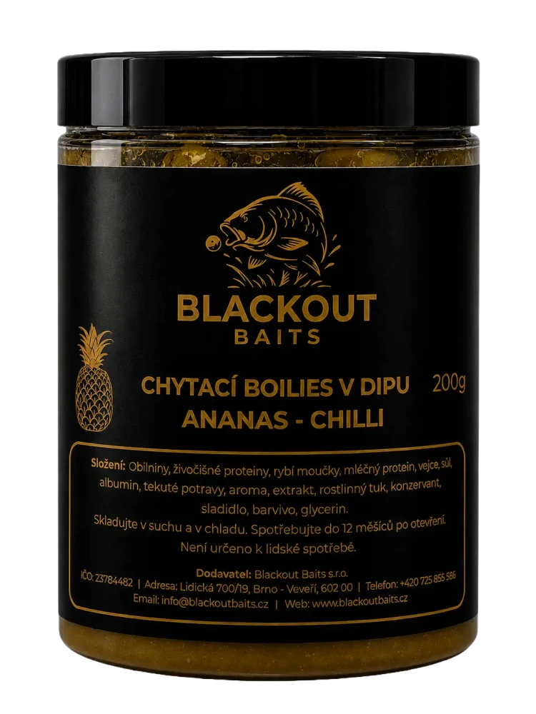 BLACKOUT BAITS Chytací boilies v dipu Ananas Chilli 200g 20mm