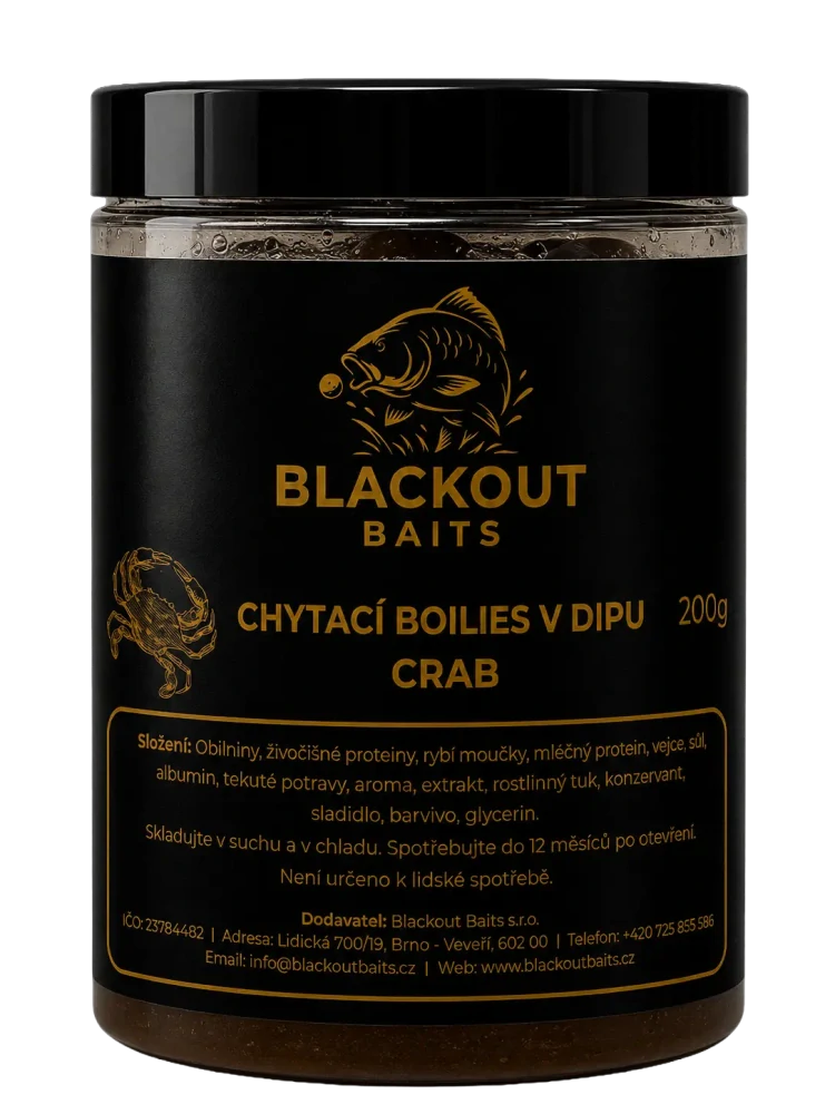 BLACKOUT BAITS Chytací boilies v dipu Crab 200g 20mm