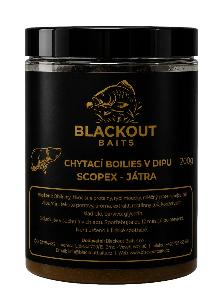 BLACKOUT BAITS Chytací boilies v dipu Scopex Játra 200g 20mm