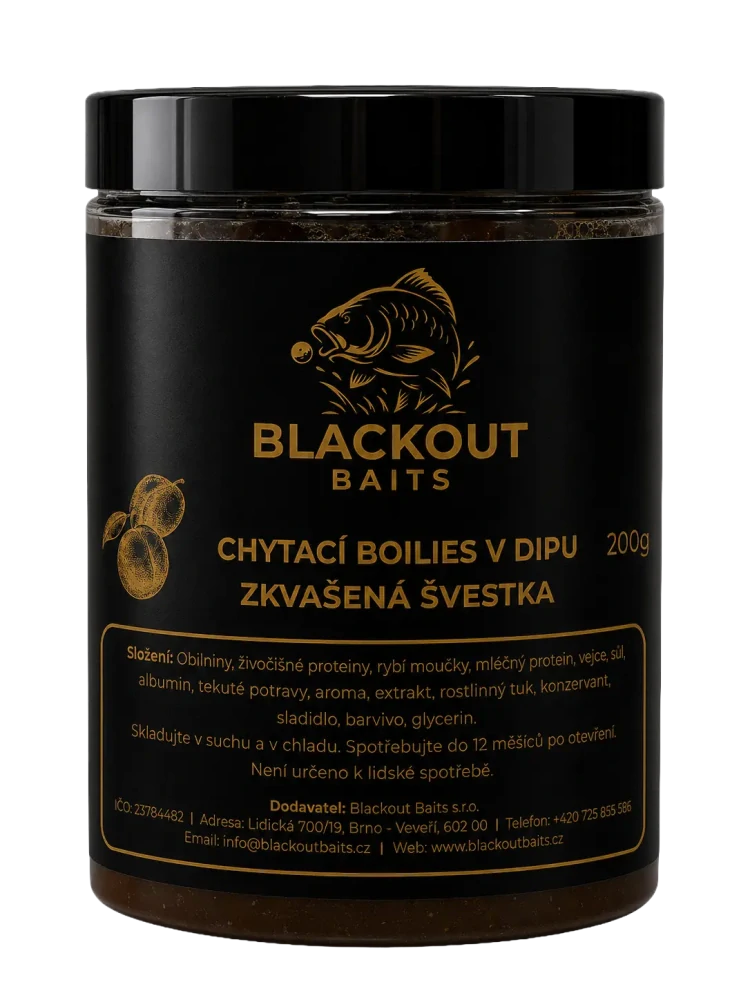 BLACKOUT BAITS Chytací boilies v dipu Zkvašená švestka 200g 20mm