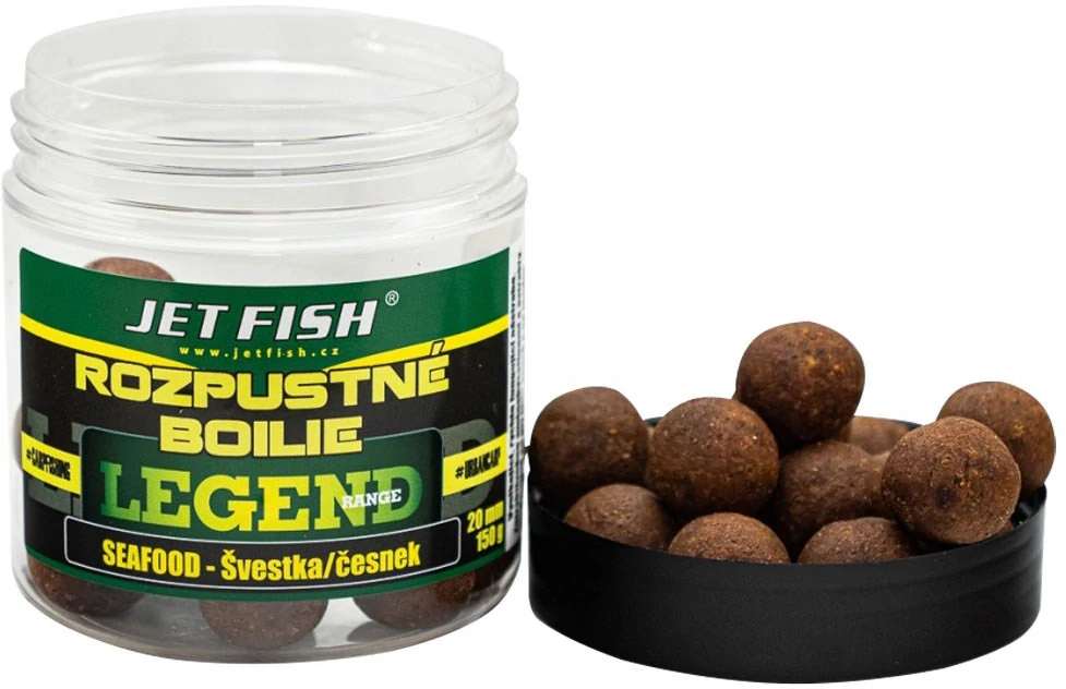 JET FISH Rozpustné boilie Legend Range Seafood Švestka Česnek 250ml 20mm