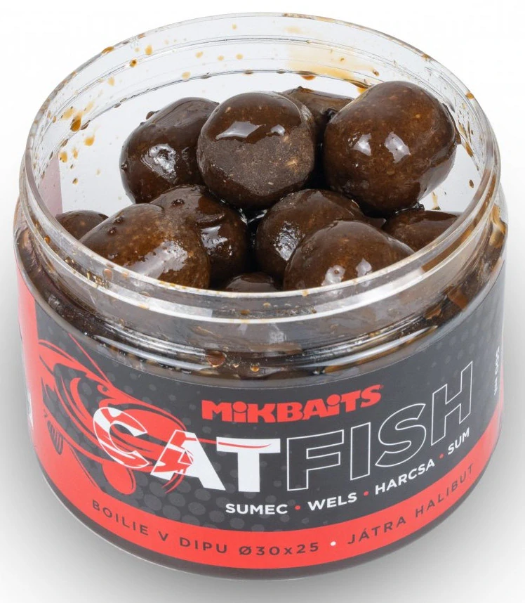 MIKBAITS Boilie v dipu Catfish Játra Halibut 500ml 50x30mm