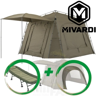 AKCE MIVARDI Přístřešek Base Camp XL + sada pro napojení bivaku 2ks + lehátko Comfort XL8
