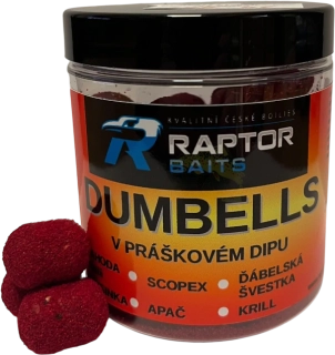 RAPTOR BAITS Dumbells v praškové dipu Jahoda Chilli 250ml