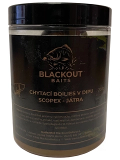 BLACKOUT BAITS Chytací boilies v dipu Scopex Játra 200g 20mm